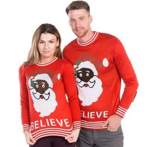Tipsy Elves Black Santa Sweater Mens XS Red White Trim Pullover Long Sleeve